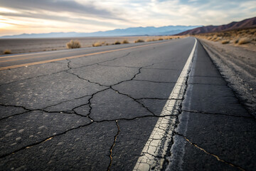 Asphalt highway stretching through the vast desert landscape toward a distant horizon under a cloudy sky