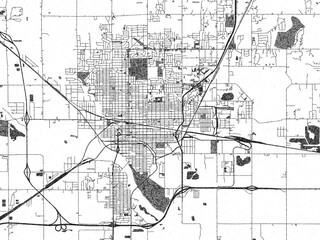 Minimalist map of Hutchinson, Kansas, illustrated in black and white with a bold street grid and shaded parks.