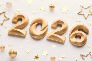 Golden 2026 Numbers Surrounded by Star Ornaments.New Year 2026
