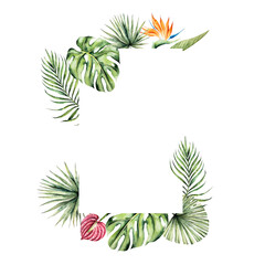 Naklejka premium Monstera leaf frame, Strelitzia and red anthurium flowers template. Watercolor hand drawn palm areca, vibrant green tones. Isolated botanical illustration on transparent background. Perfect for