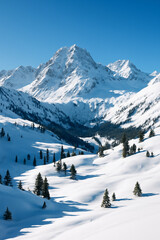 Serene Snow-Covered Mountain Landscape With Pine Trees Under Clear Blue Sky