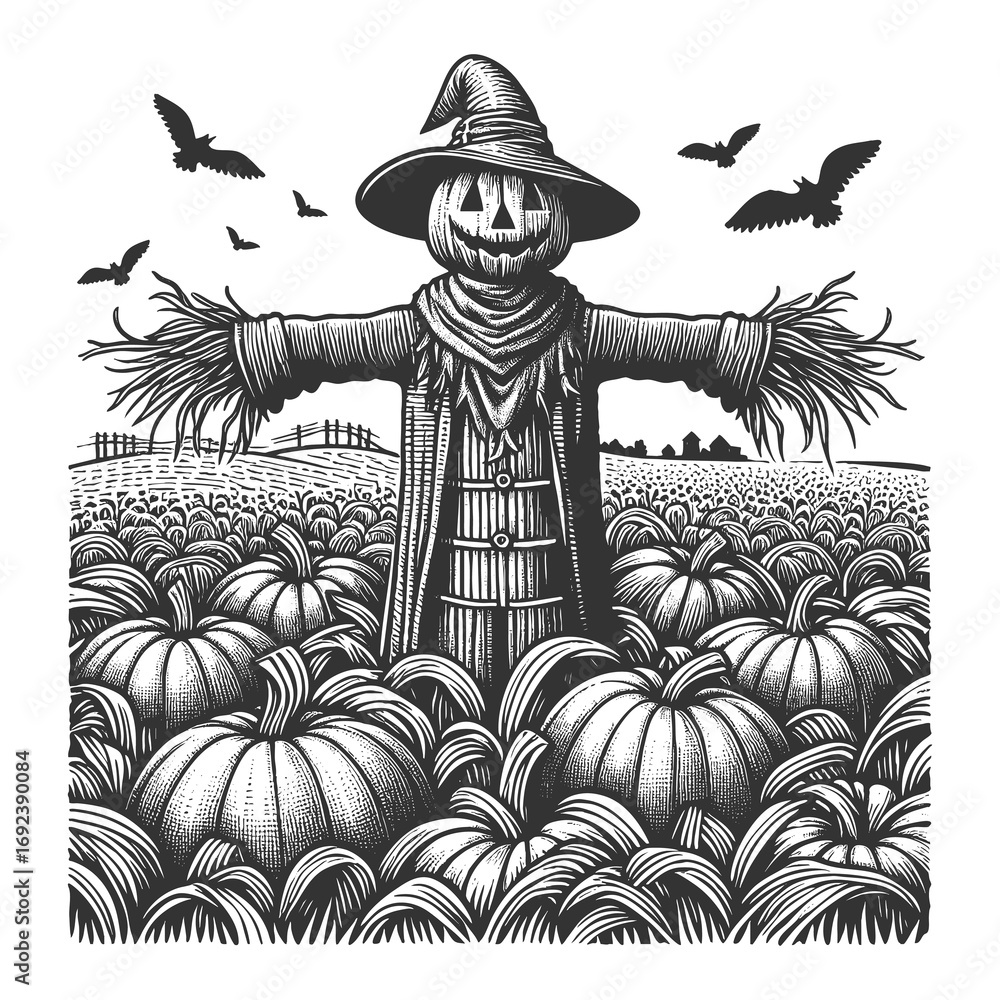 Poster scarecrow with a witch hat standing in a pumpkin field sketch engraving generative ai raster illustr
