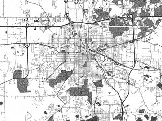 Black and white map of Jackson, Michigan, designed in a digital hand-drawn style, highlighting roads, parks, and rivers.