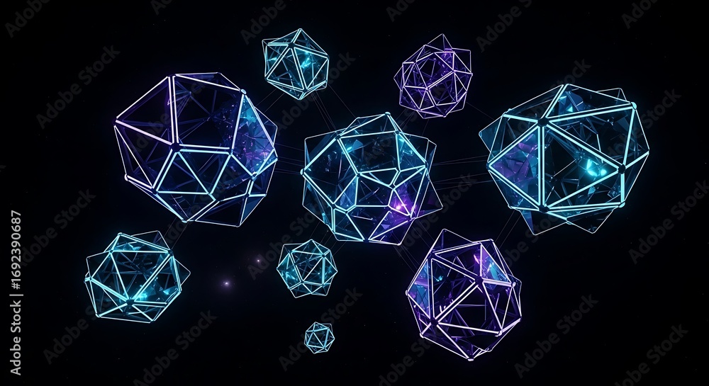 Fototapete abstract polygonal shapes with glowing edges float in the dark, creating a futuristic and modern des