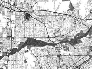 Naklejka premium Black and white illustration map of Jurupa Valley, California, showing its detailed urban layout in a hand-drawn style.