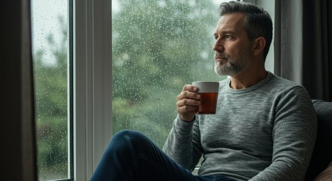 Man with tea looking out window on a rainy day, pondering life