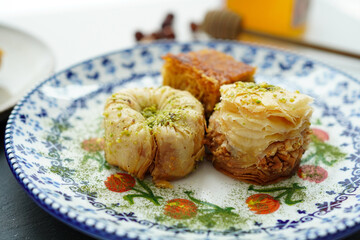Closeup of All sorts of delicious-looking baklava on the table