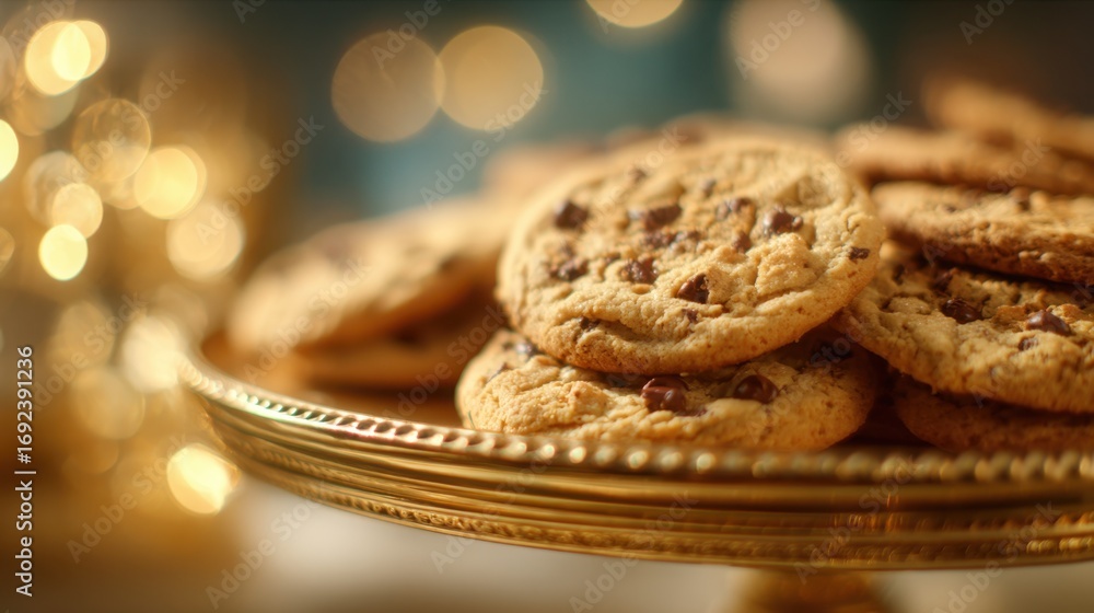 Poster medium shot of a rotating cookie carousel showcasing golden chocolate chip cookies with the foregrou
