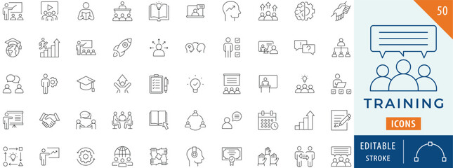 Training icon collection set. Editable stroke.