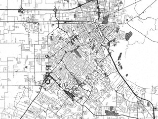 Black and white illustration map of Lafayette, Louisiana, showing its detailed urban layout in a hand-drawn style.