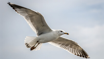 Obraz premium Seagull flying midair against soft cloudy sky with wings fully extended in bright daylight perfect for freedom concepts, coastal wildlife visuals and sky-related travel or aviation projects