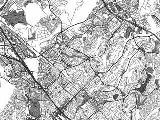 Naklejka premium Hand-drawn style black and white city map illustration of Lake_Forest, California, with detailed streets and shaded textures.
