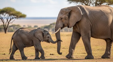Fototapeta premium Mother elephant and baby walking together in the african savanna on a sunny day