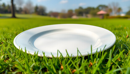 Blank plate mockup in the park on the grass, asian style. White tone