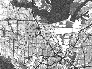 Black and white illustration map of Lewisville, Texas, showing its detailed urban layout in a hand-drawn style.