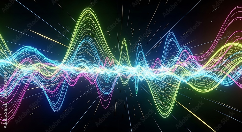 Aufkleber vibrant sound wave visualization with neon colors against a dark background, creating a dynamic effe