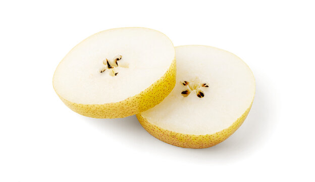 Round slices of the pear isolated. Sliced pear on white. Top view.