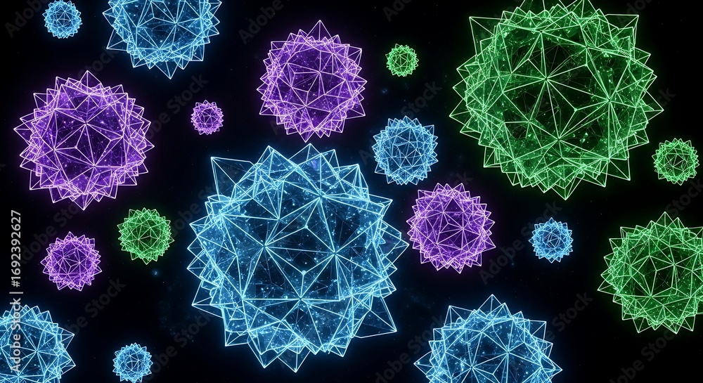 Aufkleber abstract rendering of virus particles with glowing geometric structures against a dark background