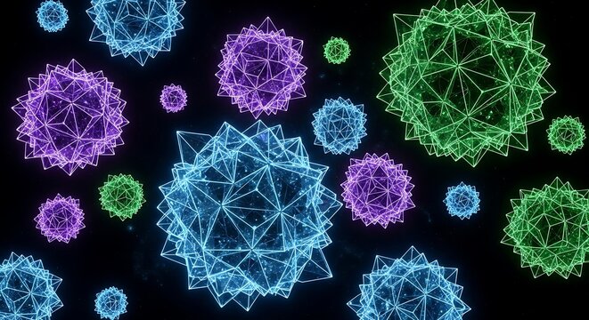 Abstract rendering of virus particles with glowing geometric structures against a dark background