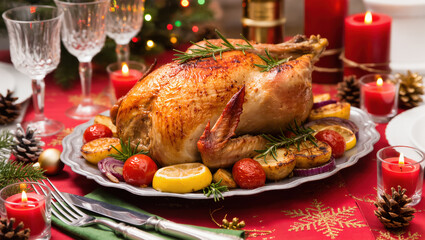 Christmas roasted whole chicken with vegetables, lemon slices and rosemary on festive table with candles and decorations