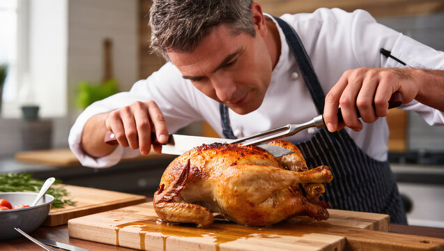 Professional chef carving a golden roasted chicken on a wooden board in restaurant kitchen, food preparation process - Powered by Adobe