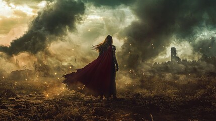 Woman in red cape battlefield