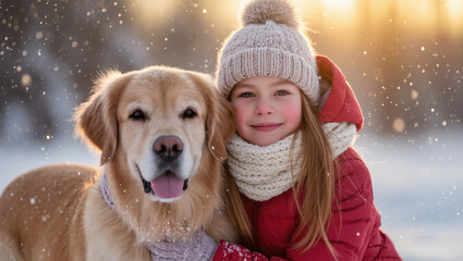 Christmas girl in winter clothes hugging golden retriever in snowy landscape with warm sunset light and falling snow