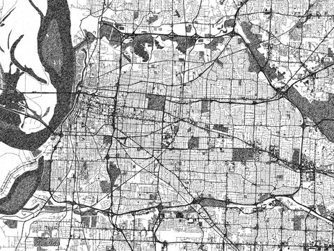 Monochrome sketch map of Memphis, Tennessee, highlighting roads, rivers, and urban design.