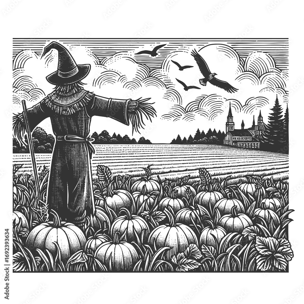 Poster scarecrow with a witch hat standing in a pumpkin field sketch engraving generative ai raster illustr