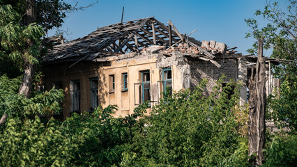 ruined street and destroyed houses in Kiev war in Ukraine
