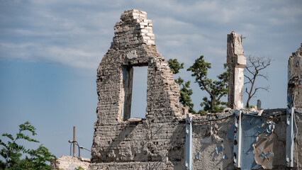 ruined street and destroyed houses in Kiev war in Ukraine