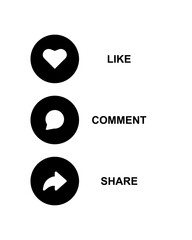 like, comment and share icon.like,,comment and share symbol on transparent background