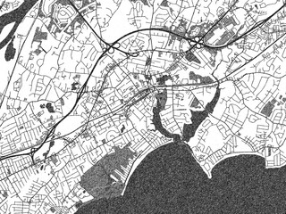 Stylized monochrome city map of Midford, Connecticut, created in a hand-drawn digital style with bold lines and shaded textures.