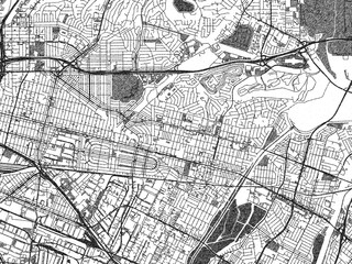 Fototapeta premium Monochrome sketch map of Montebello, California, highlighting roads, rivers, and urban design.