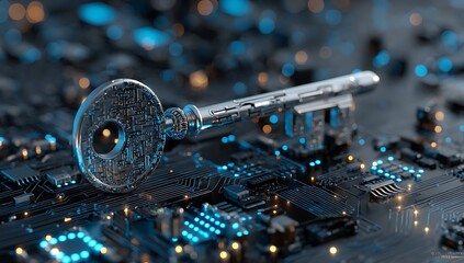 Digital key on circuit board with blue lights