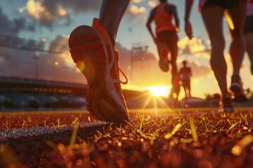 Athletic runners prepare for the tournament by focusing on their running shoes as they train in the stadium at sunset