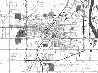 Hand-drawn style black and white city map of Muskogee, Oklahoma, showing its urban design in an artistic layout.