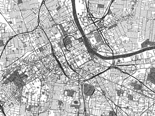 Naklejka premium Hand-drawn style black and white city map illustration of Nashville Center, Tennessee, with detailed streets and shaded textures.