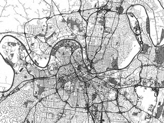 Naklejka premium Black and white illustration map of Nashville, Tennessee, showing its detailed urban layout in a hand-drawn style.