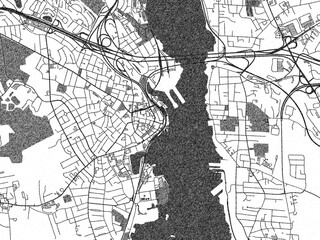 Naklejka premium Urban map of New London, Connecticut, illustrated in monochrome with a strong grid and shaded elements.