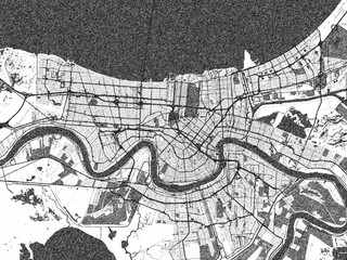 Obraz premium Monochrome sketch map of New Orleans, Louisiana, highlighting roads, rivers, and urban design.