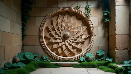 Decorative Wooden Lotus Flower Wall Art with Green Leaves and Stone Wall Background