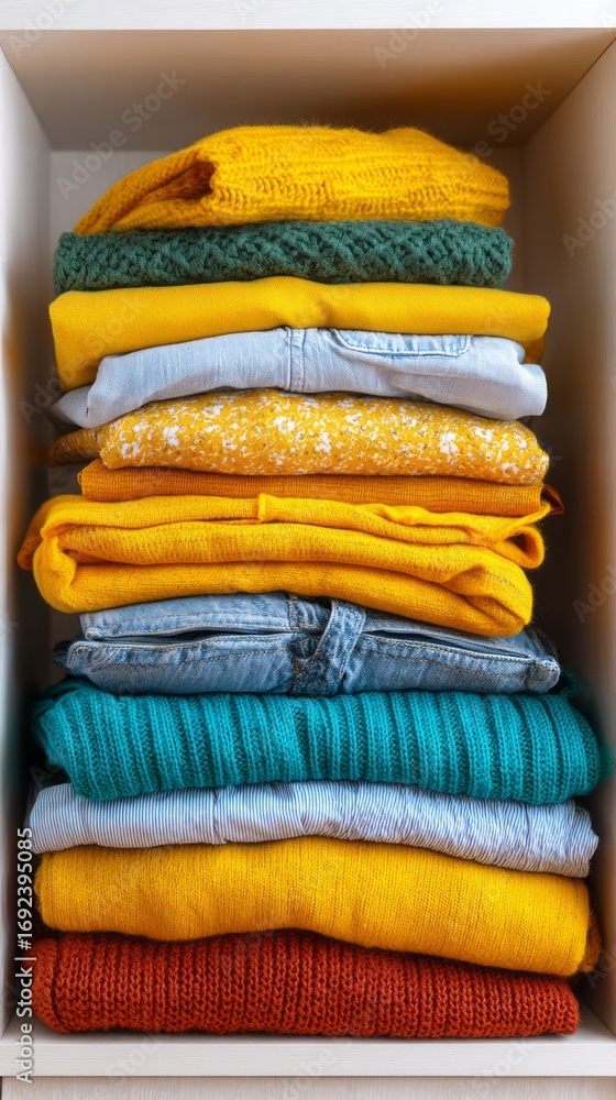 Poster color-coordinated stack of fashion items organized in a stylish drawer for easy access and visually 