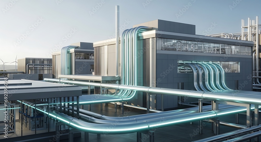 Poster futuristic industrial complex with glowing pipelines and modern architecture for advanced manufactur