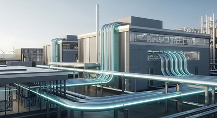 Futuristic industrial complex with glowing pipelines and modern architecture for advanced manufacturing