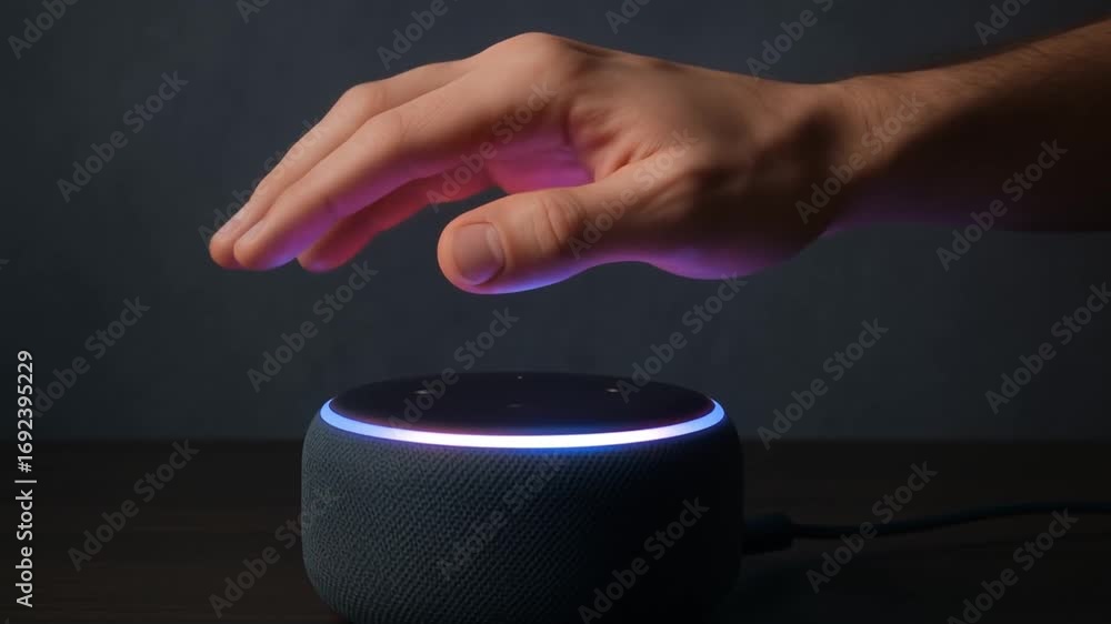 Poster touchless invention concept. hand hovering over a smart speaker with glowing light ring.