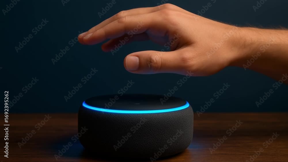 Poster touchless invention concept. smart speaker interaction with a hand reaching toward the device.