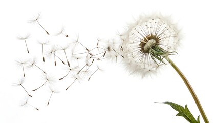 Dandelion seed head isolated on black and white background with seeds and stem visible