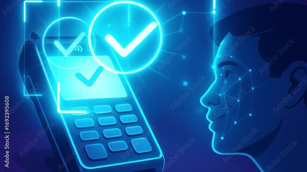 Poster touchless invention concept. facial recognition payment technology in a digital context.