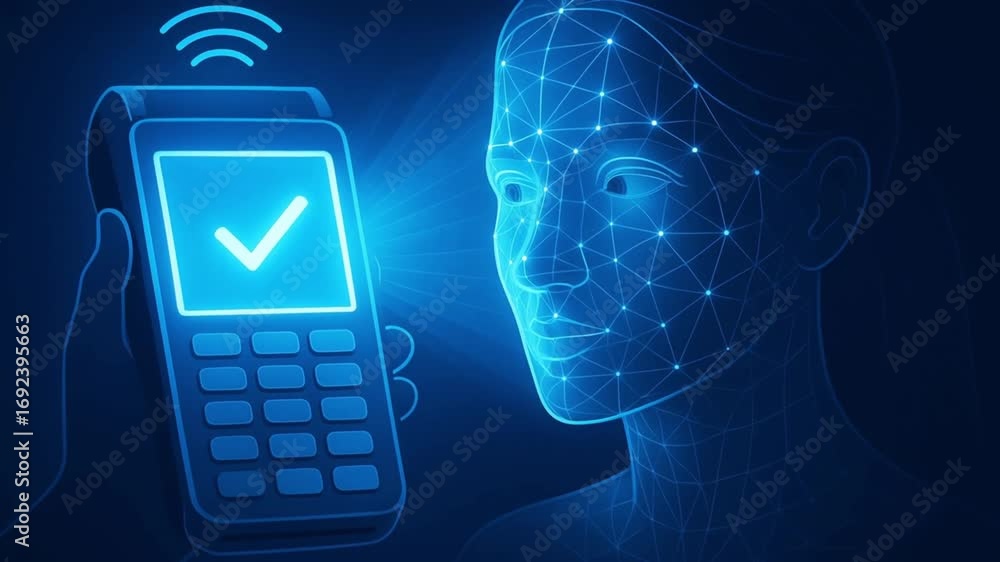 Aufkleber touchless invention concept. digital payment with facial recognition technology in a futuristic sett